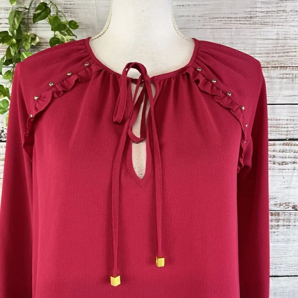 Michael Kors Tunic Blouse size Extra Small Dark Pink Crepe Ruffles Studs Bow Tie